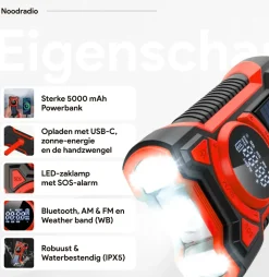 Thousandtravelmiles Audio|Noodradio'S<Noodradio met solar dynamo Bluetooth en powerbank Rood